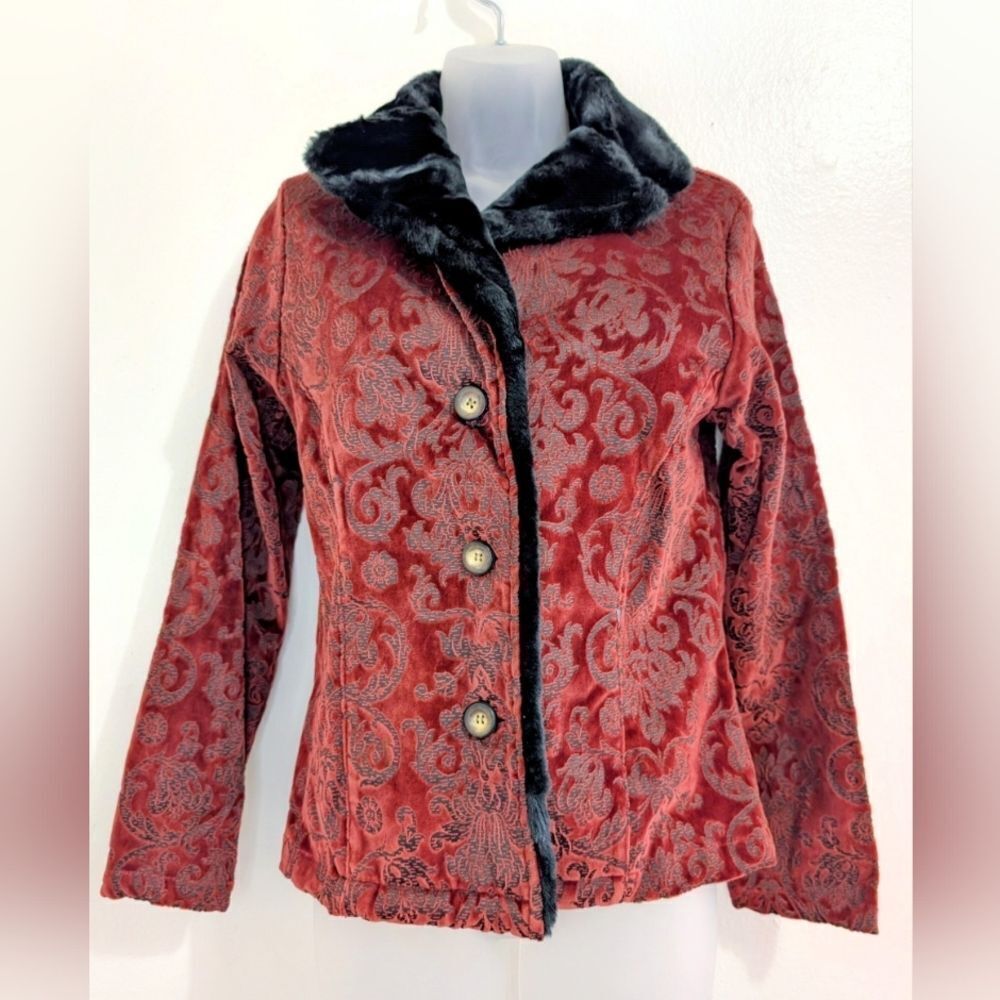 VTG Tapestry Fur Trim 90s Y2K Whimsigoth Witchy Dark Academia Cozy Jacket XS